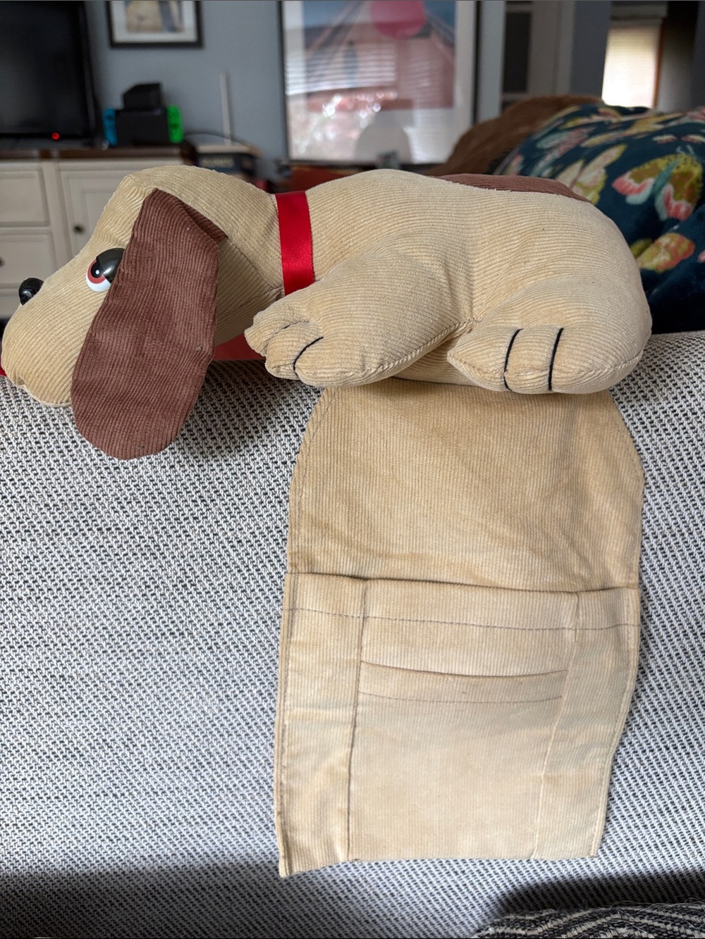 Vintage 80s Corduroy Stuffed Dog Remote Caddy Couch Organizer